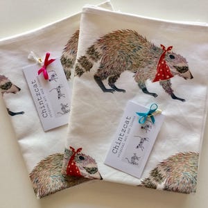 Tea towel, cotton-linen mix with animal design of Bandit the Racoon image 1