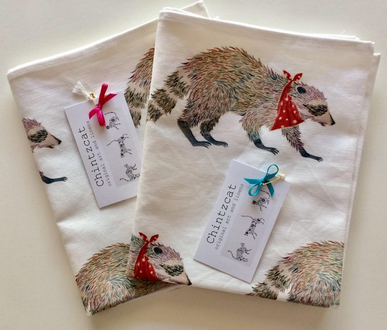 Tea towel, cotton-linen mix with animal design of Bandit the Racoon image 1