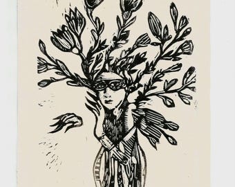 Floral Woman Linocut Print – Handmade Botanical Art