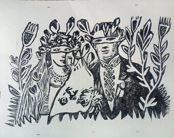 Les jeunes mariés. Série Autres mondes. Linogravure. Impression à la main. Oeuvres d'art originales