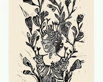 Floral Woman Linocut Print – Handmade Botanical Art