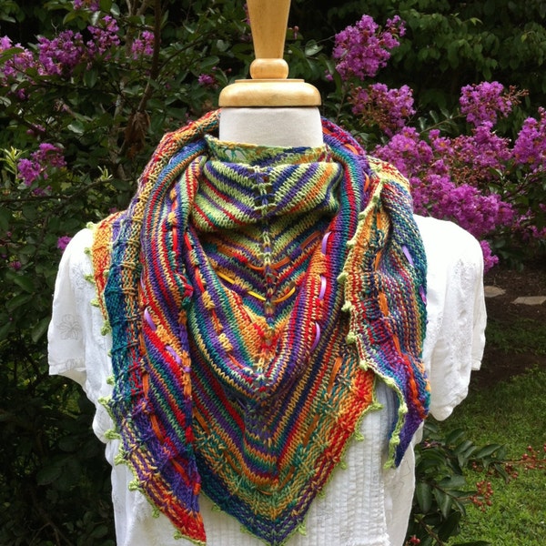 Stripes & Ribbons Shawl (Knitting Pattern). Detailed pattern for knitting this colorful shawl. INSTANT DOWNLOAD.