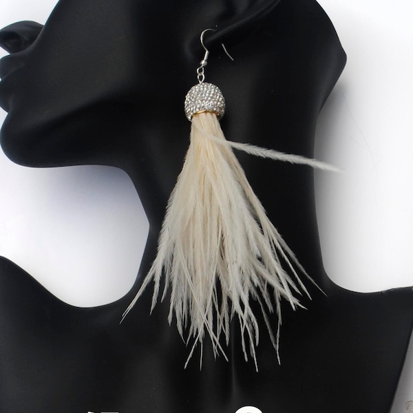 Ivory Creamy White Ostrich Feather earrings Tassel Earrings Real Feather Earrings Ostrich Fluffy Feather Trim Fluffy Ivory earrings Dramatic