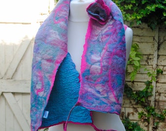 Turquiose and pink Hand-Felted Scarf Light Blue and Pink Nuno Felted Scarf Long Pure Wool and Silk with Matching Flower Brooch