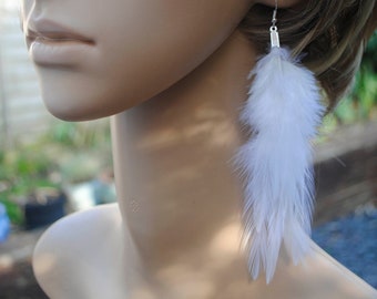 Fluffy White Feather Earrings Real Feather Earrings Fluffy Feather Duster White earrings layered bunch earrings Light Rooster feathers