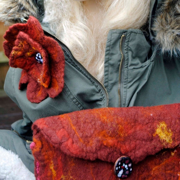 Brown Wool felted tote bag with free matching felt flower brooch/hairclip Nuno Felted wool merino textured fibres clutch bag with wavy edges