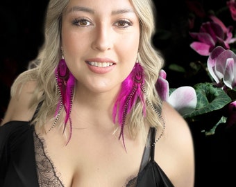 Long Pink Feather Earrings, Boho Style