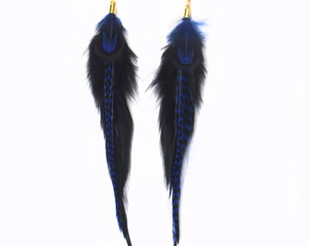 Long Feather Earrings Black and Blue Feather Earrings