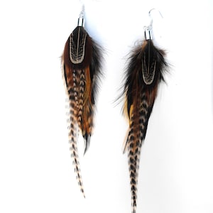 Real Feather Earrings Natural Colour Warm Brown Tan Pheasant and Rooster Feathers Natural feathers Long Feather Bunch Boho Feather earrings image 8