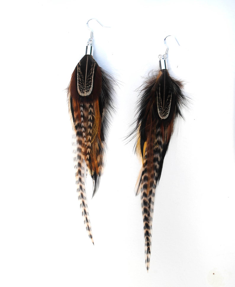 Real Feather Earrings Natural Colour Warm Brown Tan Pheasant and Rooster Feathers Natural feathers Long Feather Bunch Boho Feather earrings image 8