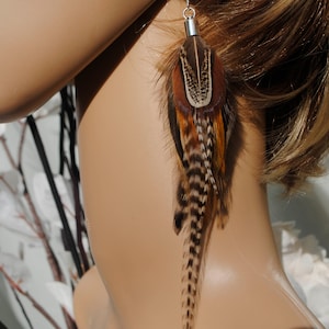 Real Feather Earrings Natural Colour Warm Brown Tan Pheasant and Rooster Feathers Natural feathers Long Feather Bunch Boho Feather earrings image 9