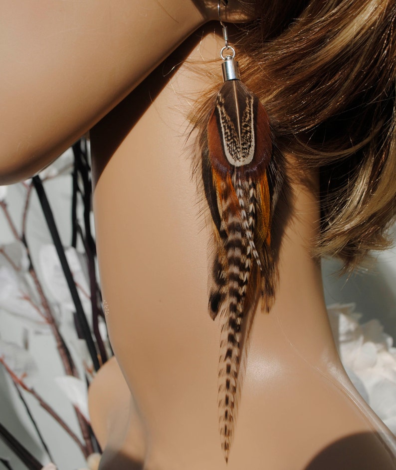 Real Feather Earrings Natural Colour Warm Brown Tan Pheasant and Rooster Feathers Natural feathers Long Feather Bunch Boho Feather earrings image 9