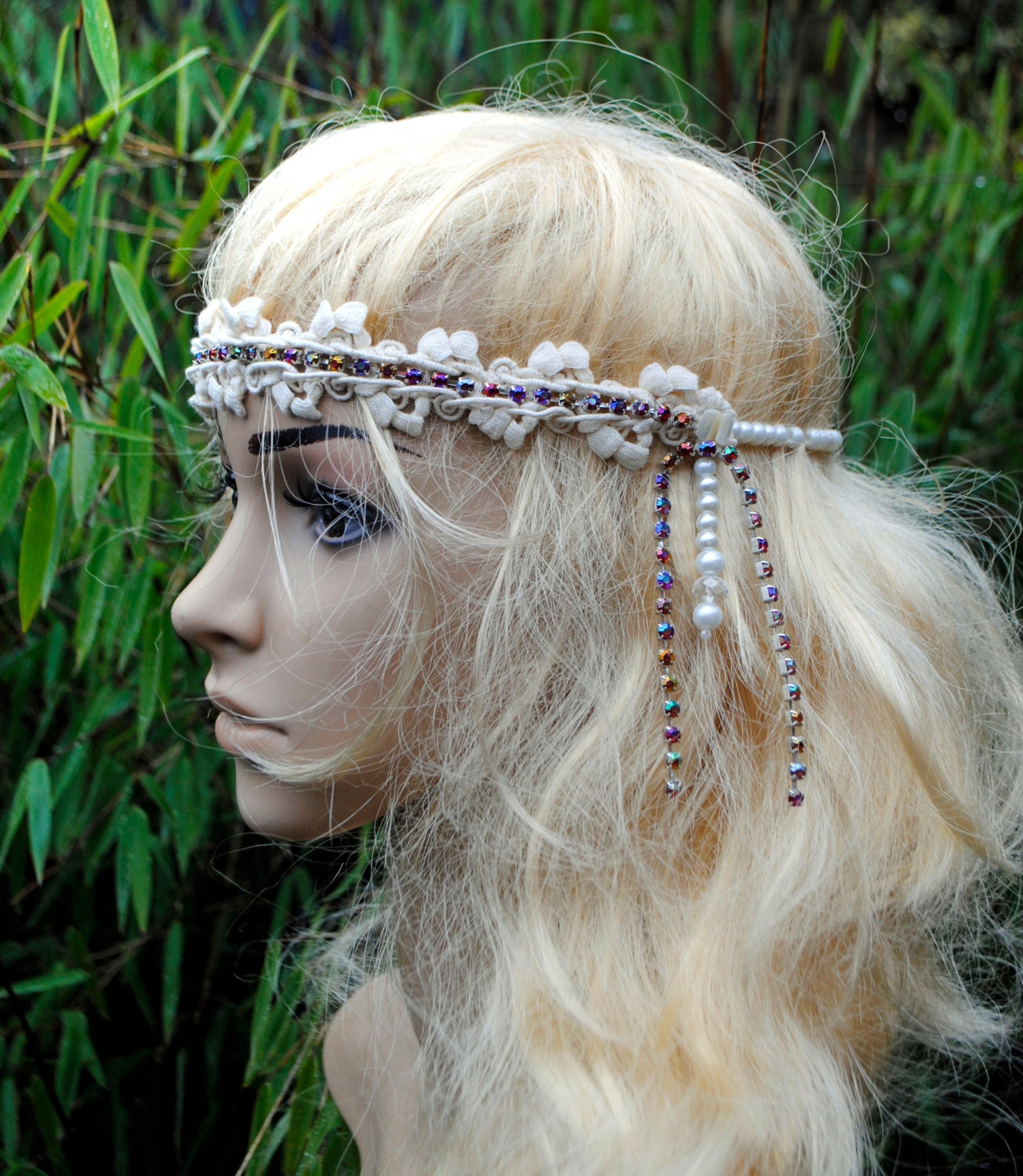 Boho bridal headband Ivory and White Lace Flower with diamonte | Etsy