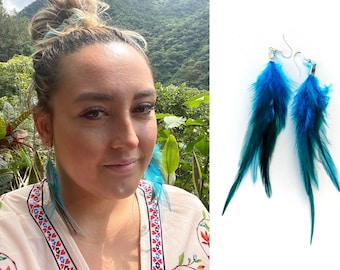 Real Feather earrings Pair of Turquoise Blue Feather bunch Earrings Light Feather earrings Rooster Cockerel Feathers plain blue feathers