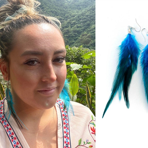 Boucles d'oreilles en plumes véritables Paire de boucles d'oreilles bouquet de plumes bleu turquoise Boucles d'oreilles plumes claires Coq plumes de coq plumes bleues unies