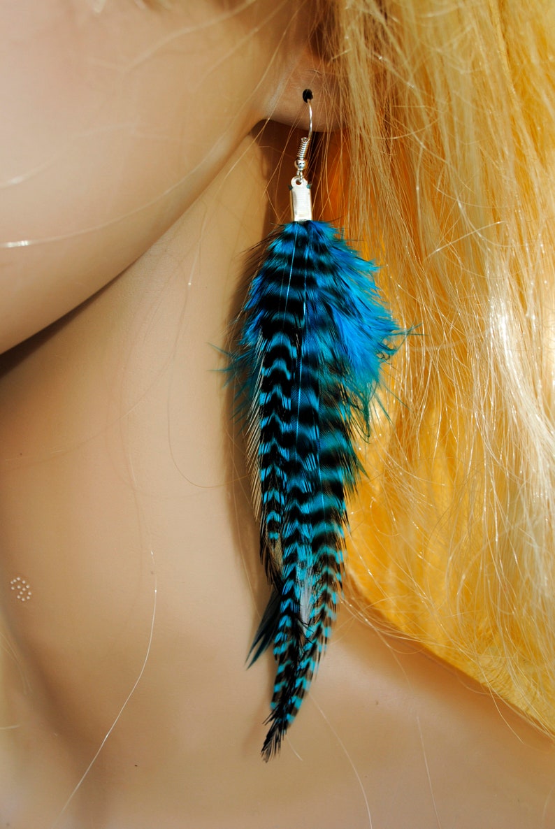 Blue Feather Earrings Real Feather Earrings Pair of Stripy Etsy UK