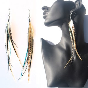 Thin feather Earrings Brown and Turquoise Blue