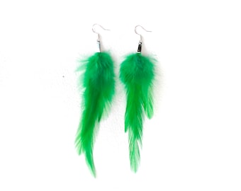 Green Feather Earrings Pair of Real Feather Earrings Freah Grass Green Feathers Boho Hipster Plain One Colour Arrow shaped Natural feathers