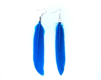 Plain Blue Real Feather Earrings For a Boho Summer Holiday Turquoise Blue Real Duck Feather Earrings Elegant and long Unfussy and Classic