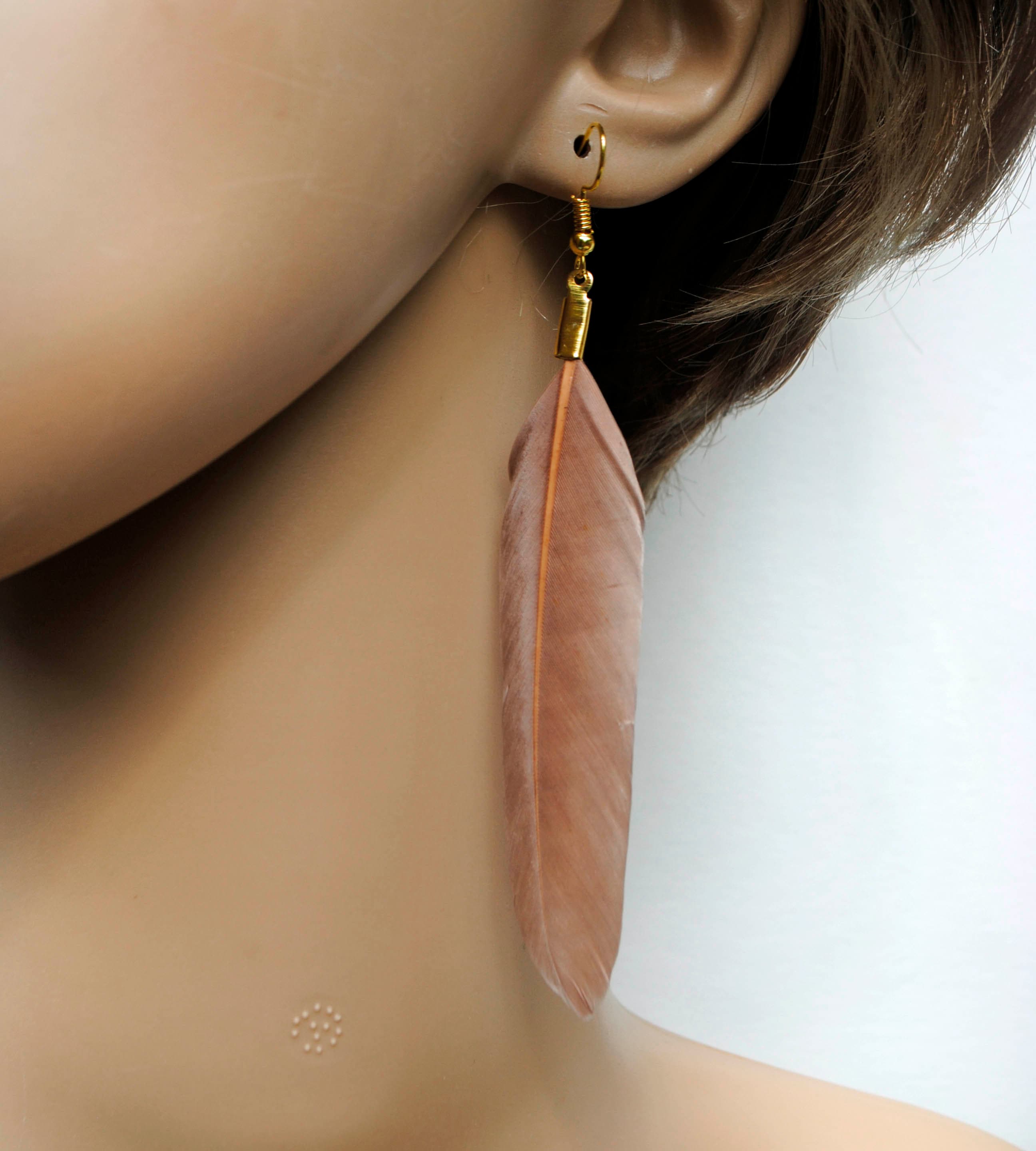 Natural Feather earring Light Coffee colour Real Feather earrings Hipster boho Beige and Brown feather earrings Beige earrings feather bunch