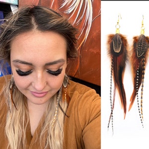 Real Feather Earrings Natural Colour Warm Brown Tan Pheasant and Rooster Feathers Natural feathers Long Feather Bunch Boho Feather earrings image 3