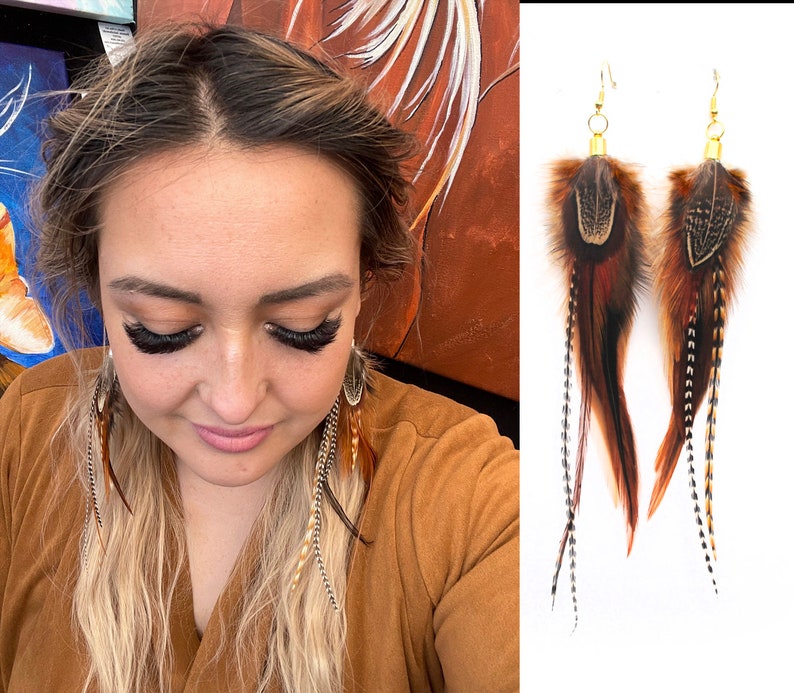 Real Feather Earrings Natural Colour Warm Brown Tan Pheasant and Rooster Feathers Natural feathers Long Feather Bunch Boho Feather earrings image 3