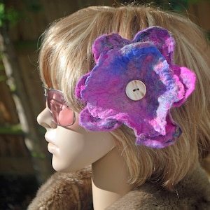 Handfelted Merino Wool Flower Brooch Hair Clip: Pink Purple Silk Fascinator