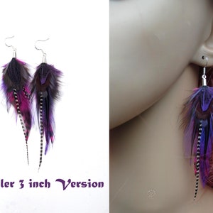 Real Feather Earrings Choice of Lengths purple violet Feather Bunch Rooster Plum Boho statement earrings