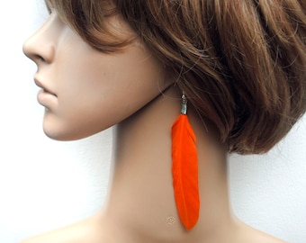 Orange Statement Jewellery Plain Orange Feather Earrings Real Feather Earrings Orange earrings Long Drop Narrow Feather earrings Tangerine