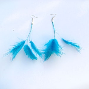Turquoise Blue Real Natural Feather Tassel Earrings