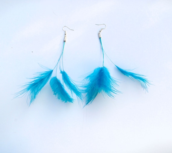 Turquoise Blue Real Natural Feather Tassel Earrings