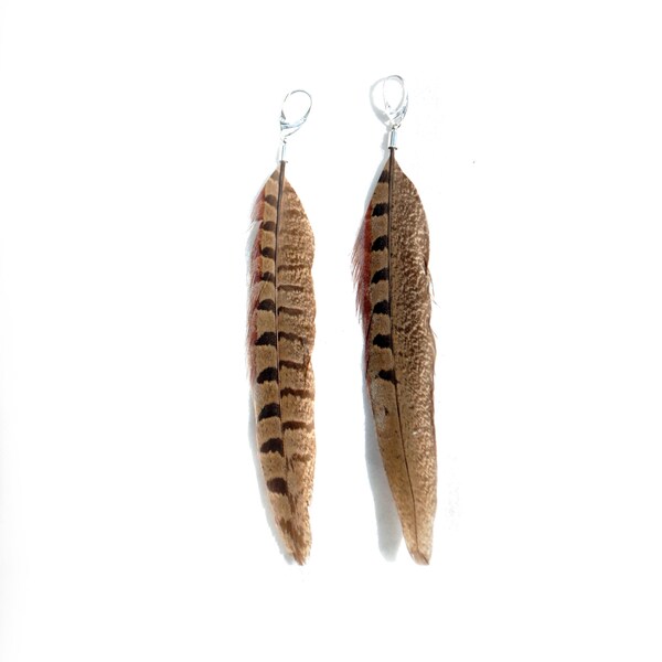 Real Feather Earrings 6 inches long Pheasant feathers Extra Long drop Lightweight Native American Style Festival Earrings pierced ears