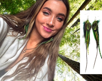 Fresh Green Real Feather Earrings Choice of Lengths Boho Woodlands Theme  Long Drop Statement