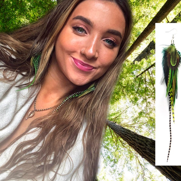 Fresh Green Real Feather Earrings Choice of Lengths Boho Woodlands Theme  Long Drop Statement