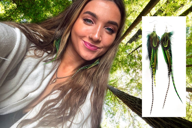 Fresh Green Feather Earrings Choice of Lengths Boho Earrings Woodlands Theme Real Feather Earrings Long Drop Feather Earrings Statement