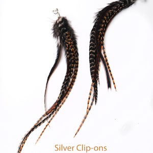 May include: Two feather clip-on earrings. The feathers are a mix of black, brown, and orange. The clip-ons are silver. The text "Silver Clip-ons" is at the bottom of the image.