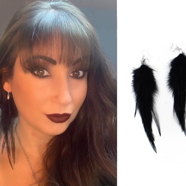 Real Feather Earrings Black Raven Earrings made of Rooster Feathers Jet Black Goth Earrings for a Man or Woman Gothic Chic Feather Bunch