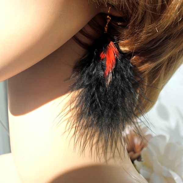 Natural Feather Earrings red and black Festival Feather Earrings Lightweight marabou and Rooster Feathers Gypsy Feather Bunch Boho