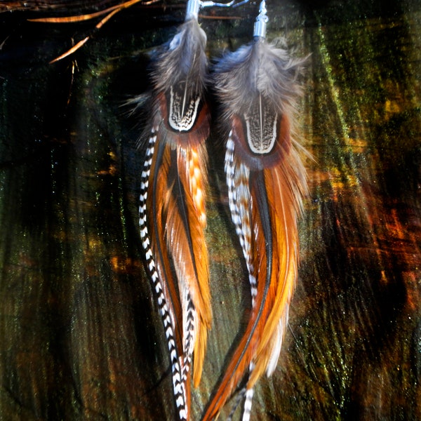 Boho Feather Earrings: Natural Pheasant & Rooster Feathers