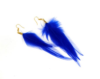 Handcrafted Ultramarine Blue Feather Earrings: Long & Lightweight