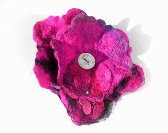 Hand felted pink marbled woollen flower dual hairclip brooch nuno felted Extra Large Statement Accessory Hot Pink and Purple clip