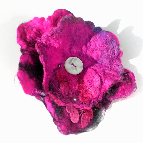 Hand felted pink marbled woollen flower dual hairclip brooch nuno felted Extra Large Statement Accessory Hot Pink and Purple clip