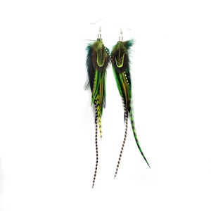 May include: A pair of long green and black feather earrings with silver hooks.