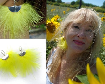 Yellow Halfcircle Earrings feather tassel earrings in Sunshine Yellow Summer Fan Earrings Fluffy Feather Pompom Sunflower Earrings Half Moon