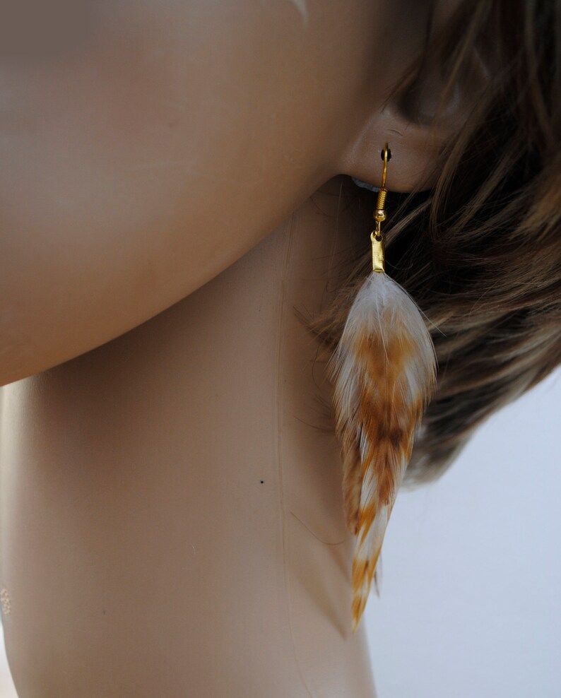 Light Brown Feather Earrings Real Feather Barred Rooster Etsy