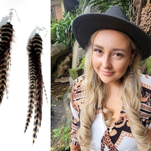 Long Grizzly Whiting Rooster Feather Earrings: Natural Undyed Brown Stripes