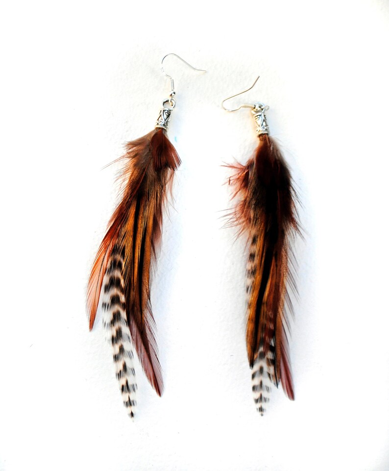Natural Feather Earrings Brown and Orange Boho Real Feather Etsy