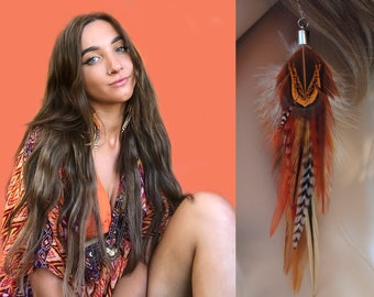 Natural Feather Earrings in  Amber Burnt Orange Autumn Colours Long Drop  BoHo style