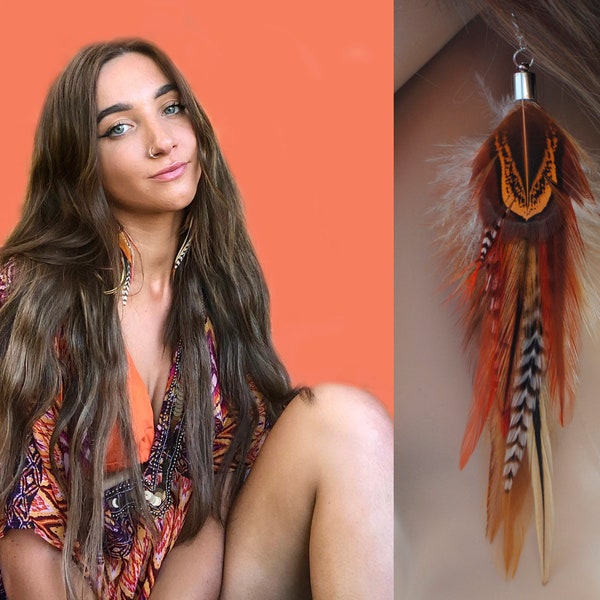 Natuurlijke veren oorbellen in amber verbrand oranje herfstkleuren Long Drop BoHo-stijl