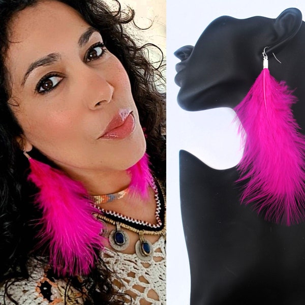 Fluffy Pink Marabou Feather Boucles d'oreilles Magenta Extra large super moelleux Real Feather Boucles d'oreilles Bright Pink Festival Boucles d'oreilles Statement Piece